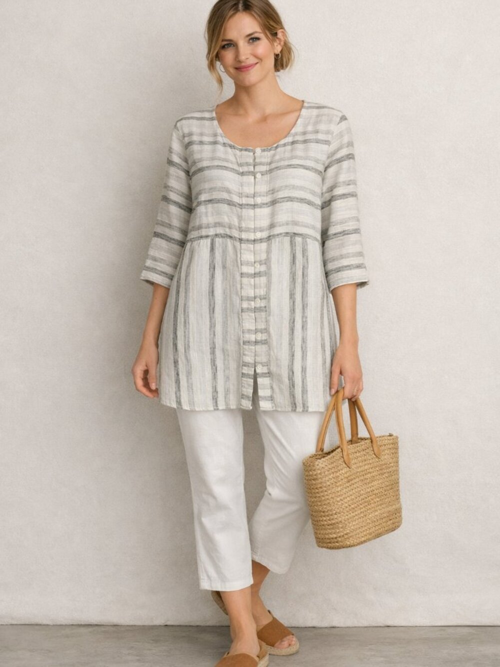 J. Jill Linen Blend Tunic Button Up Striped Top Blouse Size XS